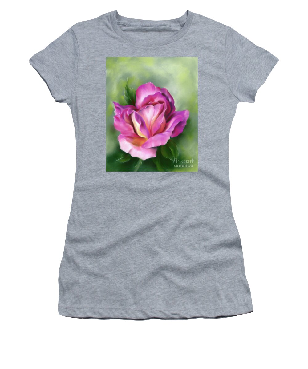 Botanical Women's T-Shirt featuring the painting Rose Peace Colorful Pink and Yellow Flower by MM Anderson
