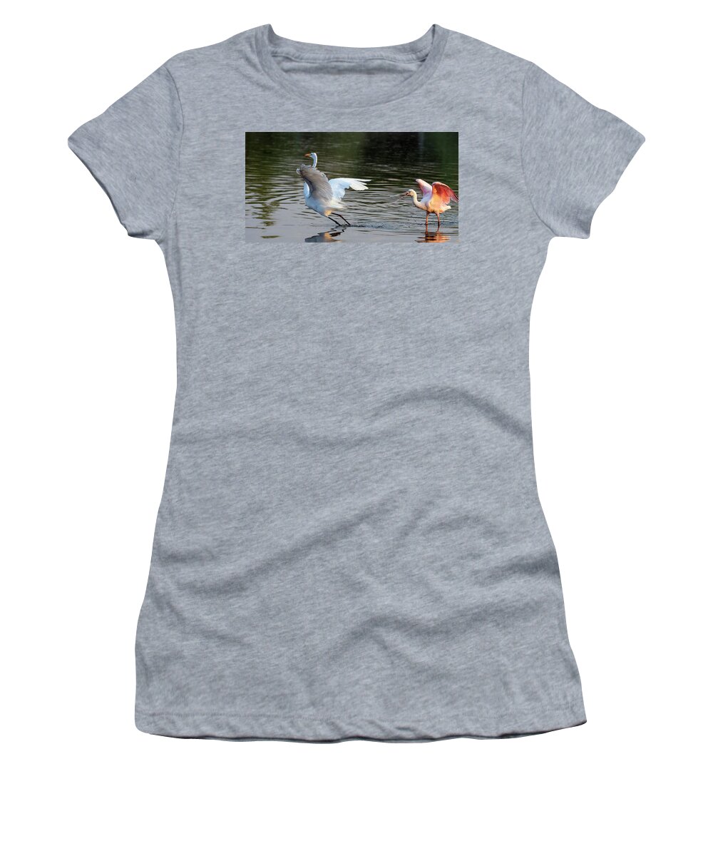 Roseate Spoonbill Women's T-Shirt featuring the photograph Roseate Spoonbill and Great Egret 0425-062921-2 by Tam Ryan