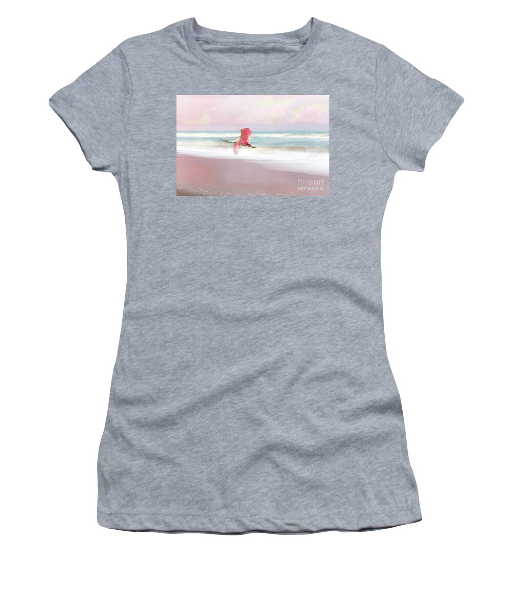 Roseate Spoonbill Women's T-Shirt featuring the photograph Roseate Spoonbill at Pink Beach by Laura D Young