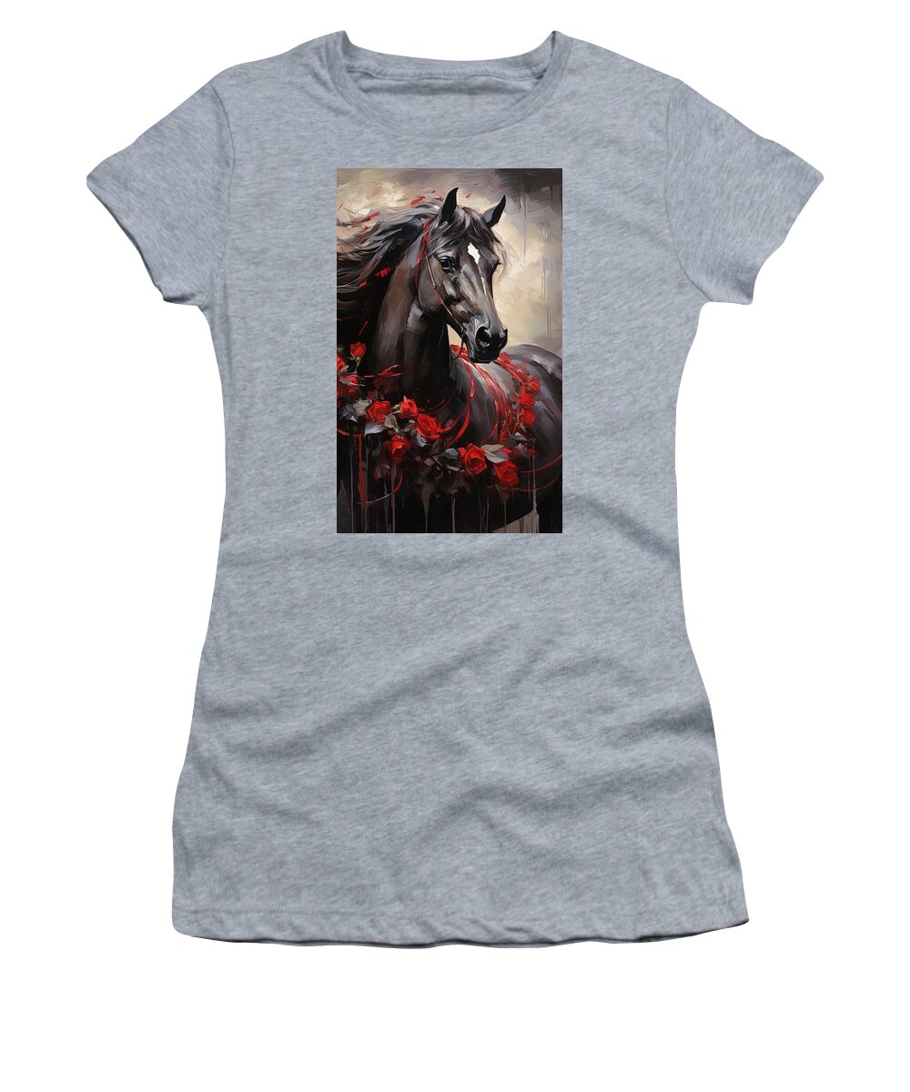 Horse With Roses Women's T-Shirt featuring the painting Roses and Thunder - Horse and Roses Art by Lourry Legarde