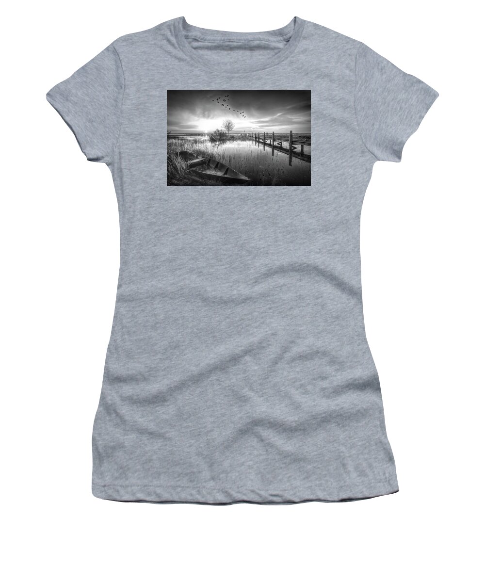 Birds Women's T-Shirt featuring the photograph Rowboat in the Marsh at Sunset in Black and White by Debra and Dave Vanderlaan