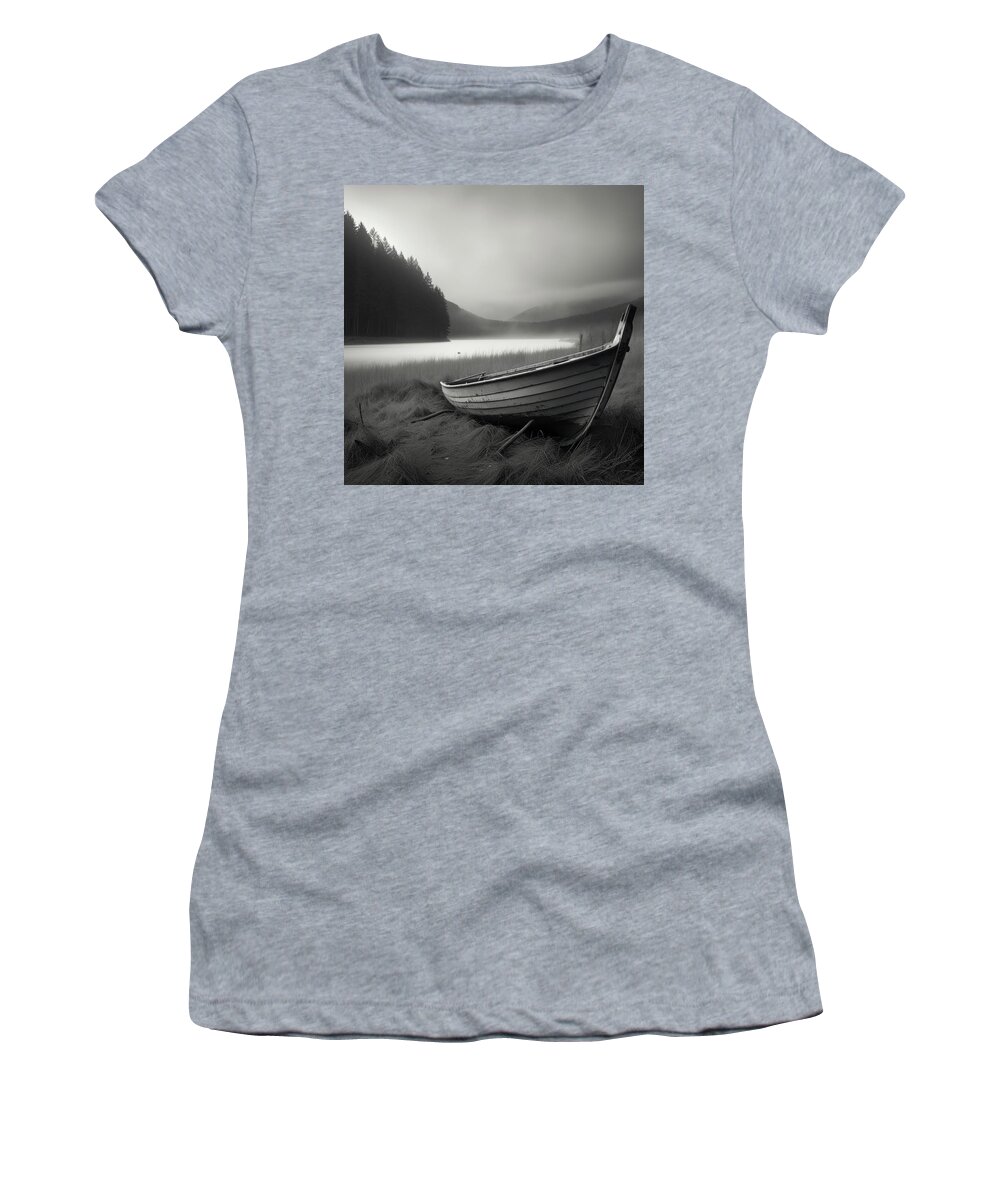 Abandoned Women's T-Shirt featuring the digital art Rowboat Pulled Ashore on a Mountain Lake by Yo Pedro