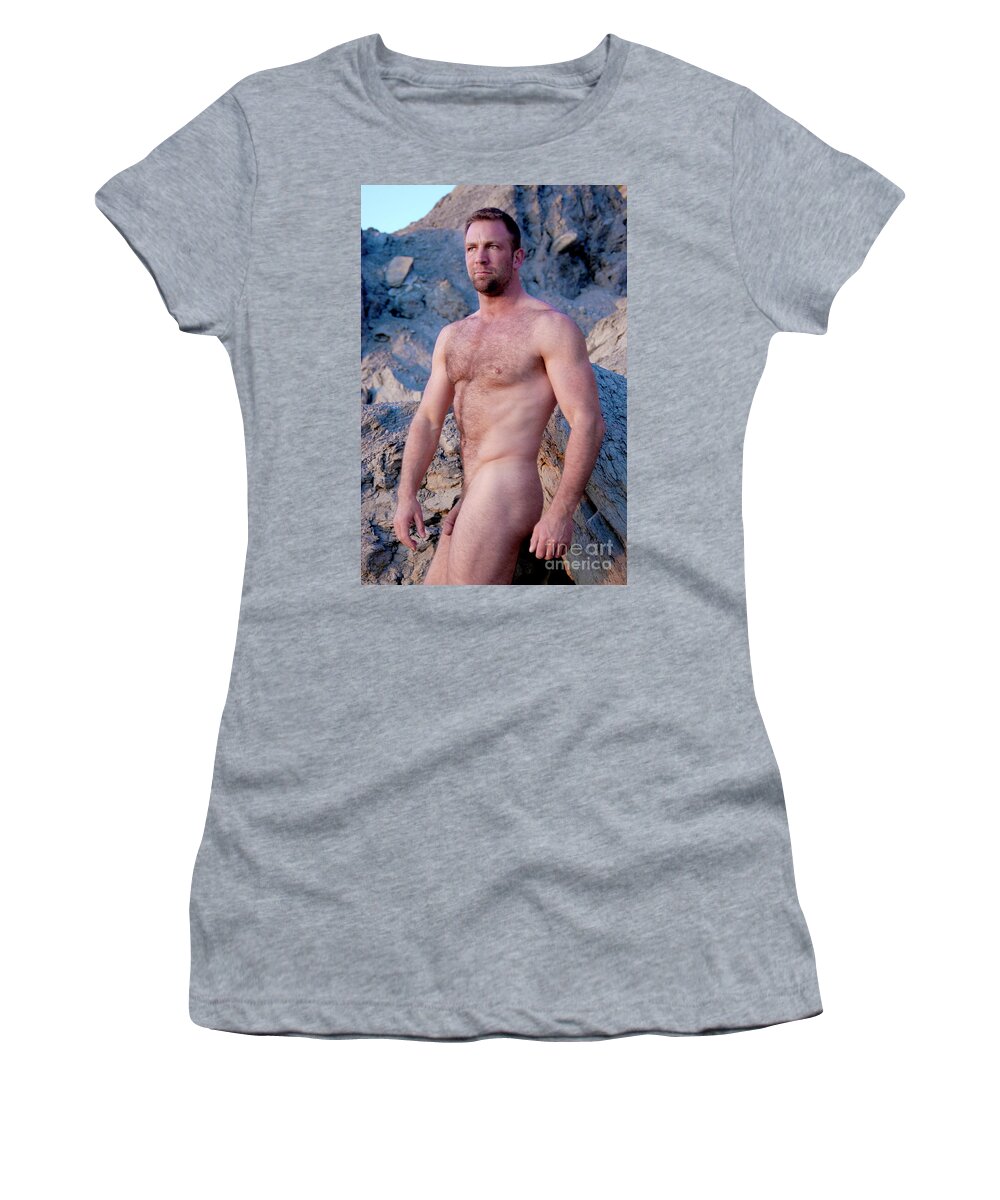 Young Women's T-Shirt featuring the photograph Rugged masculine nude man poses by cliffs my the ocean. by Gunther Allen