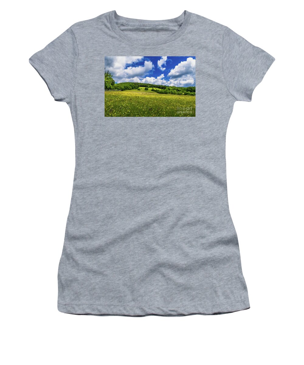 Austria Women's T-Shirt featuring the photograph Rural Landscape With Forest And Flower Meadow At Cloudy Weather In Austria by Andreas Berthold