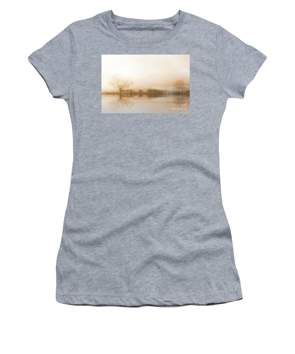 Winter Women's T-Shirt featuring the photograph Rural misty Norfolk landscape with water reflections by Simon Bratt