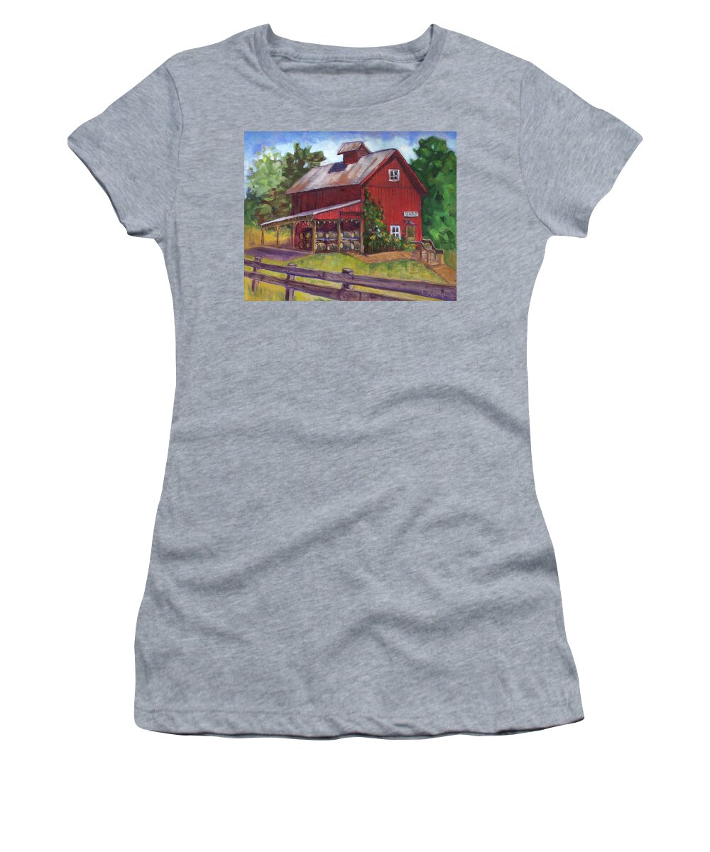 Red Women's T-Shirt featuring the painting Saginaw Barn by Tara D Kemp