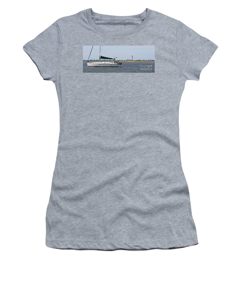 Oak Island Women's T-Shirt featuring the photograph Sailboat and Oak Island Lighthouse 6680 by Jack Schultz