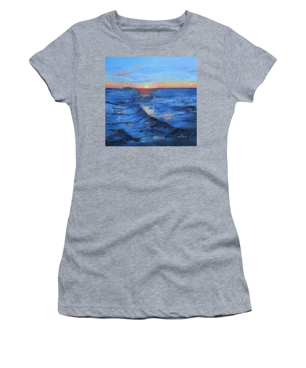 Acrylic Women's T-Shirt featuring the painting Sailboat On The Horizon by Paula Pagliughi