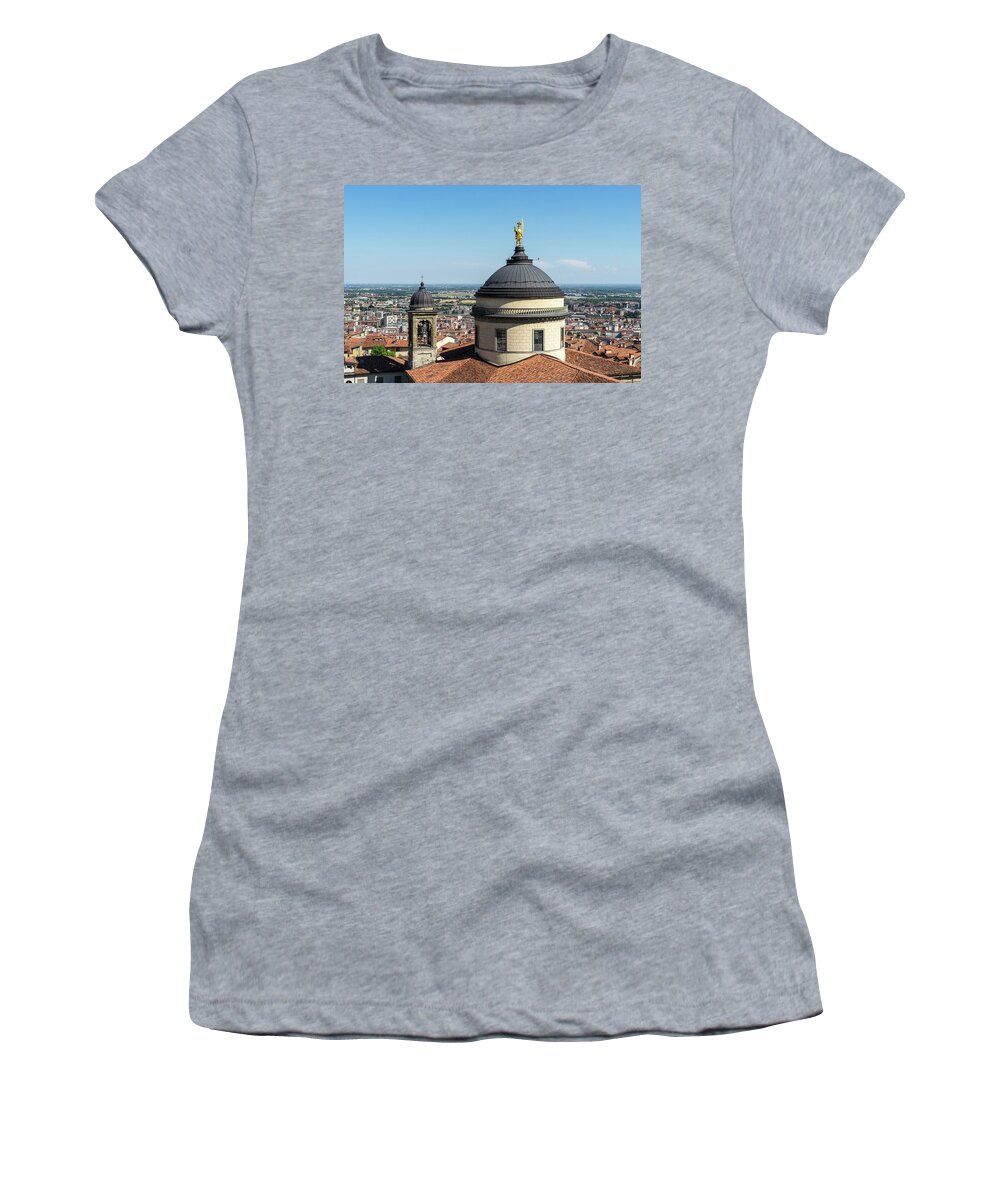 Saint Alexander Of Bergamo Women's T-Shirt featuring the photograph Saint Alexander of Bergamo Cathedral Dome and Patron Saint Gold Statue by Georgia Mizuleva