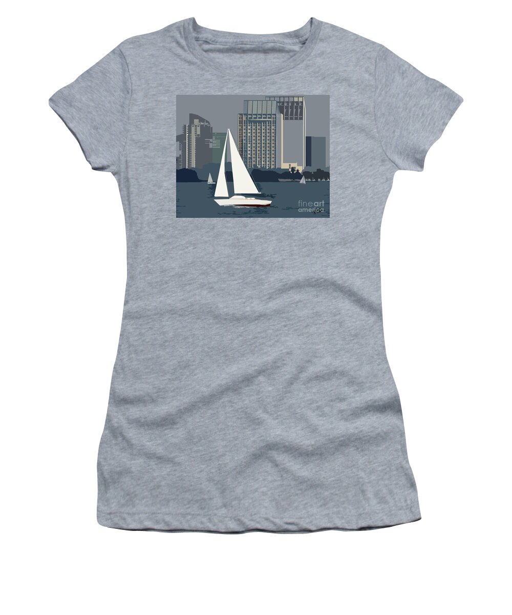 San Diego Women's T-Shirt featuring the digital art San Diego Bay Sailing by Kirt Tisdale