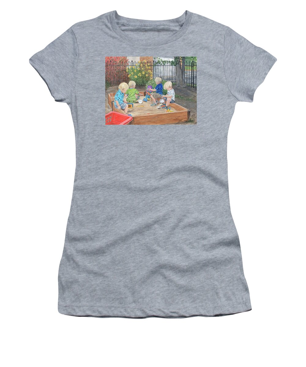 Sandbox Women's T-Shirt featuring the painting Sandbox Boys by Bonnie Peacher