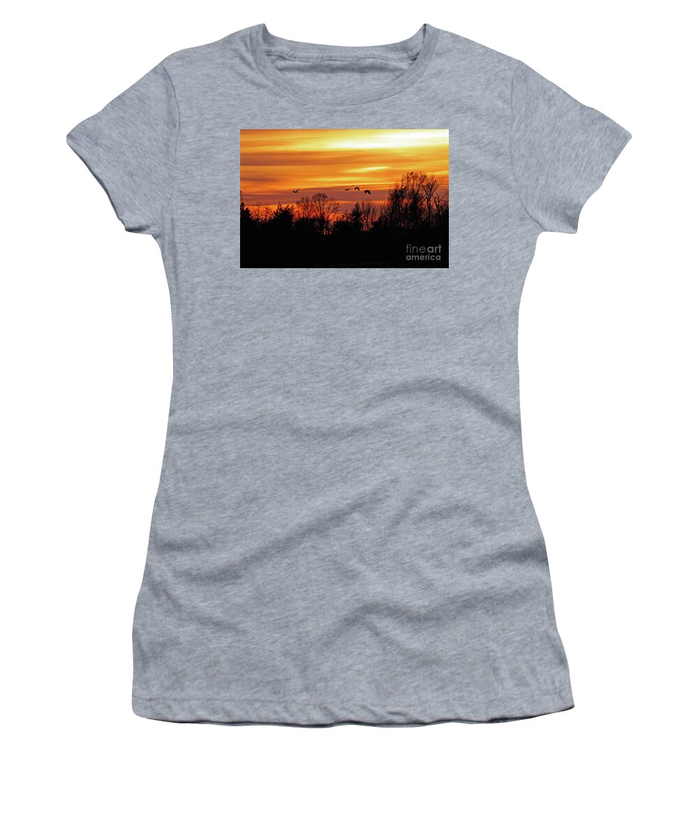 Sandhill Crane Women's T-Shirt featuring the photograph Sandhill Cranes in the Sunset by Natural Focal Point Photography