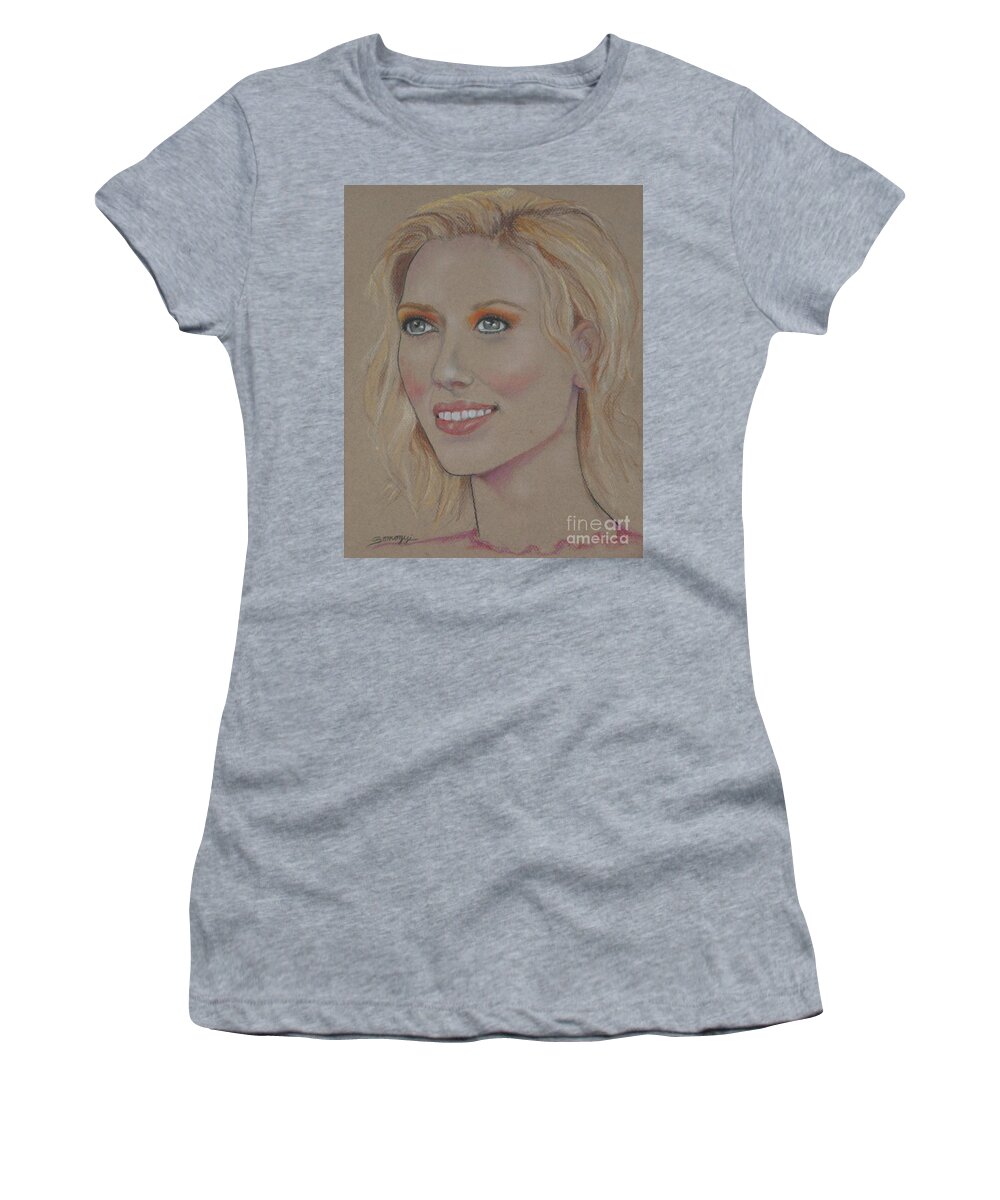 Scarlett Johansson Women's T-Shirt featuring the drawing Blond Bombshell No.5--Scarlett Johansson by Jayne Somogy