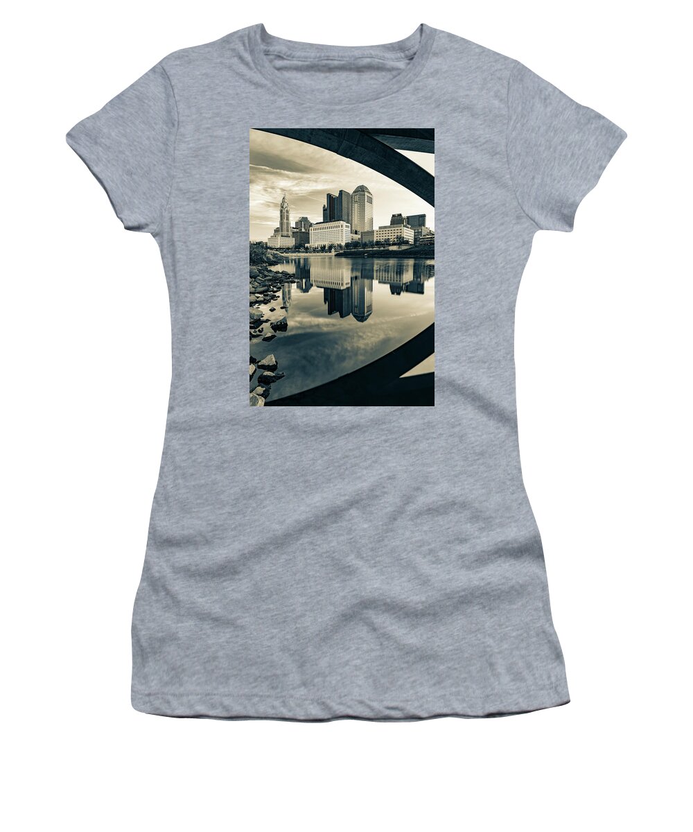 Columbus Skyline Women's T-Shirt featuring the photograph Scioto River City Reflections Under The Bridge - Sepia Edition by Gregory Ballos