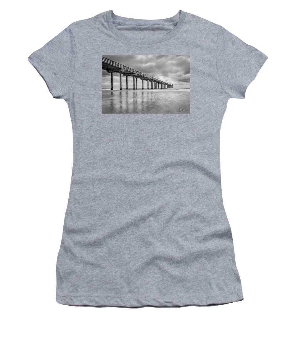 Gary Johnson Women's T-Shirt featuring the photograph Scripps Pier in Black and White by Gary Johnson