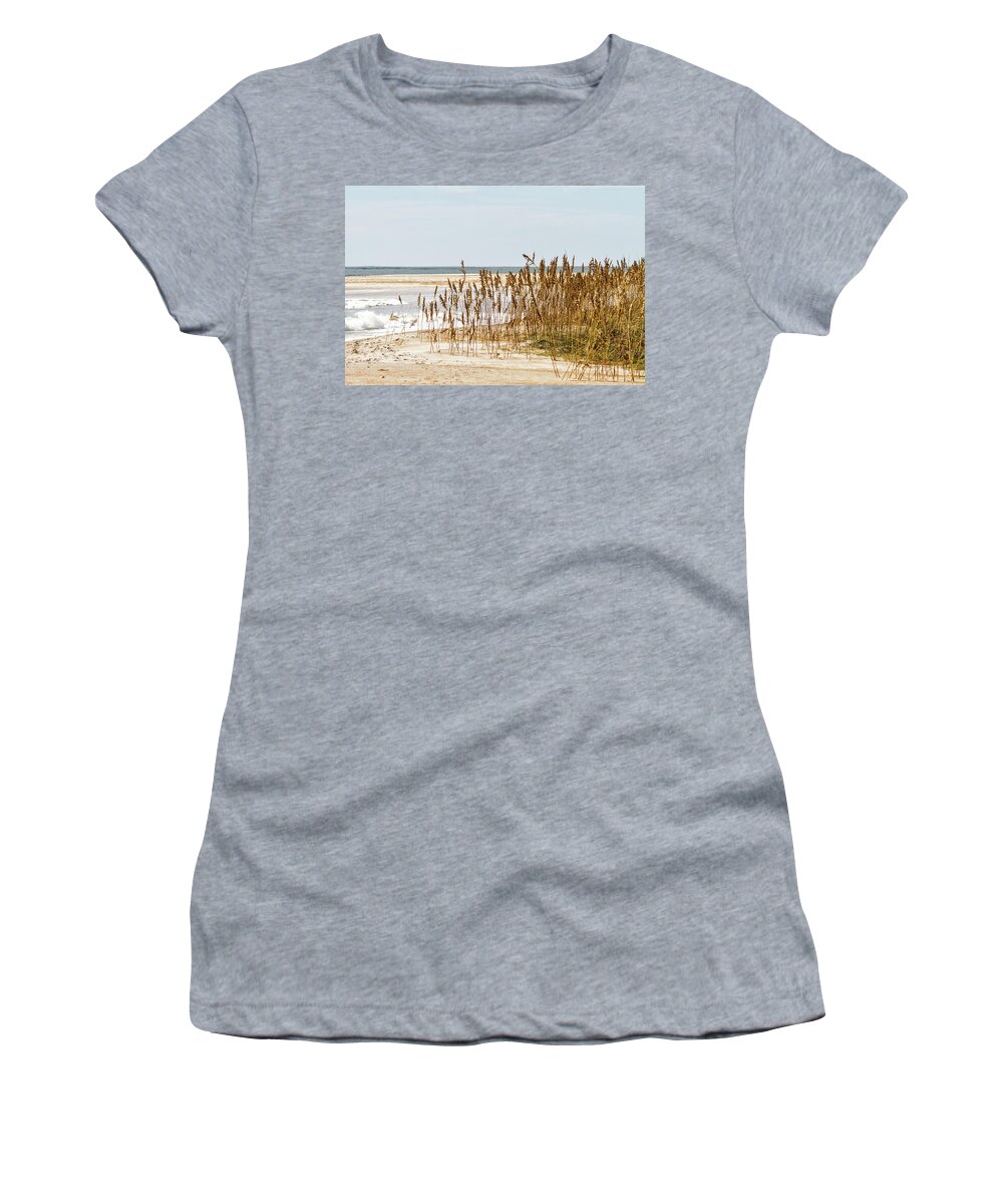 Sea Oats Women's T-Shirt featuring the photograph Sea Oats at High Tide Along Atlantic Beach by Bob Decker