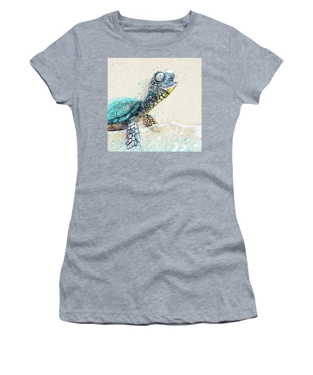 Sea Turtle On Beach Women's T-Shirt featuring the digital art Sea Turtle on the Shore by Pamela Williams
