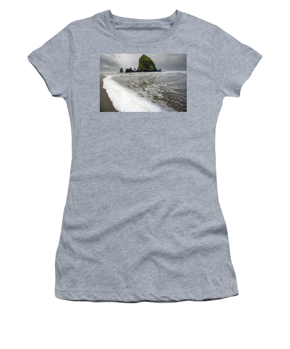 Cannon Beach Women's T-Shirt featuring the photograph Seafoam at Cannon Beach by Jerry Cahill