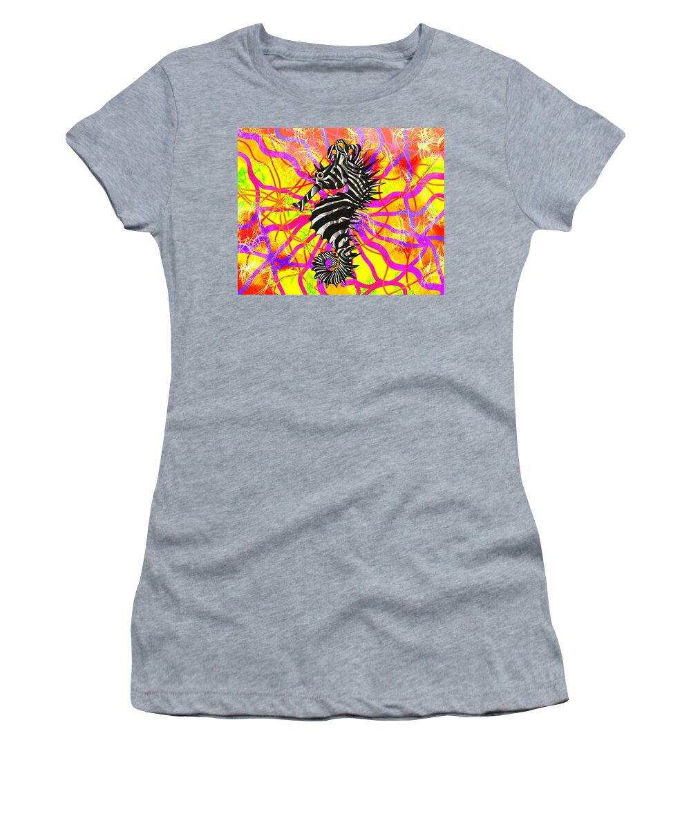 Portrait Women's T-Shirt featuring the drawing Seahorse Zebra Stripes Bold And Bright by Joan Stratton