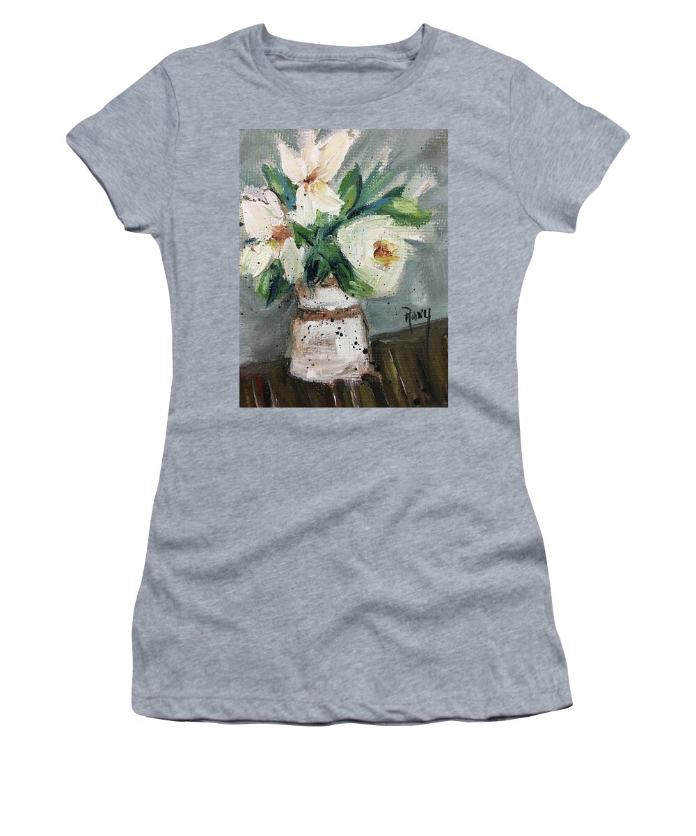 Gardenias Women's T-Shirt featuring the painting Shabby Gardenias in a Jug by Roxy Rich