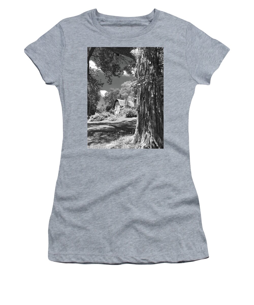Black And White Women's T-Shirt featuring the photograph Shade Tree with a Barn by Mike McGlothlen