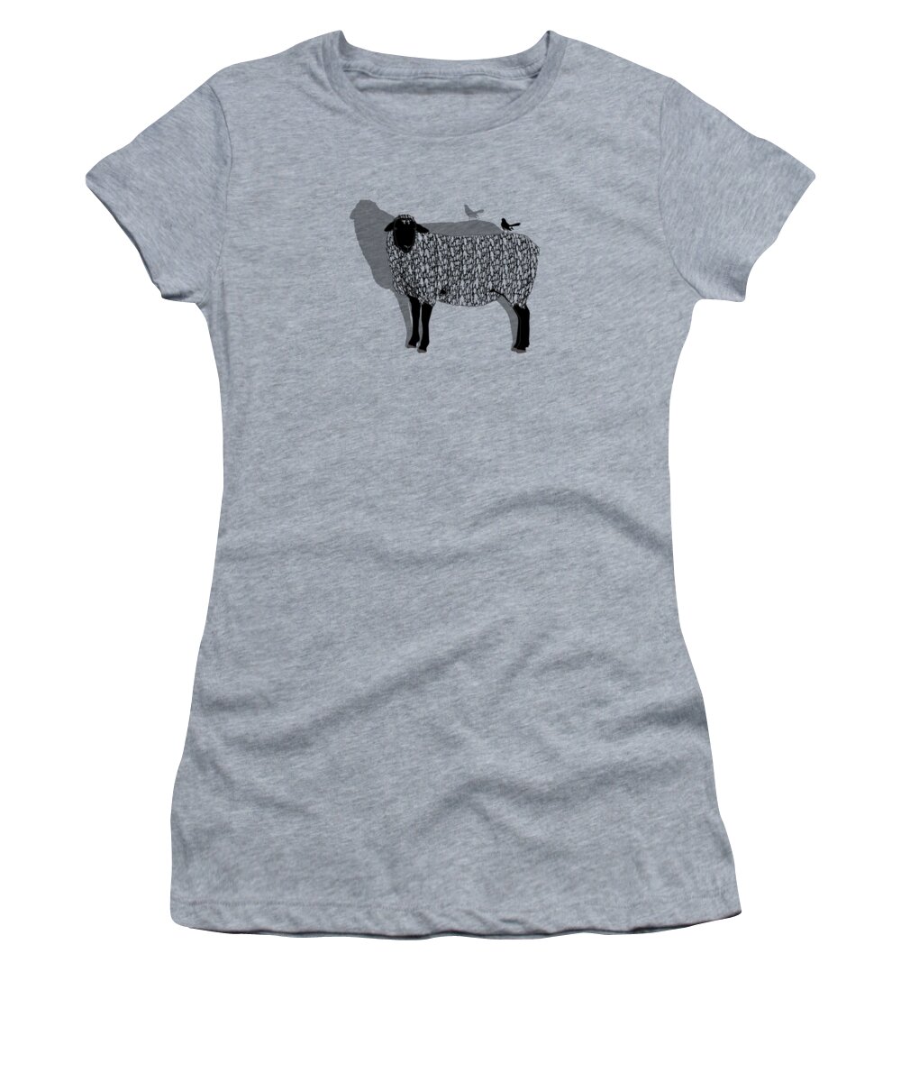 Black Faced Sheep Women's T-Shirt featuring the drawing Sheep And Willie Wagtail Black And White Pattern by Joan Stratton