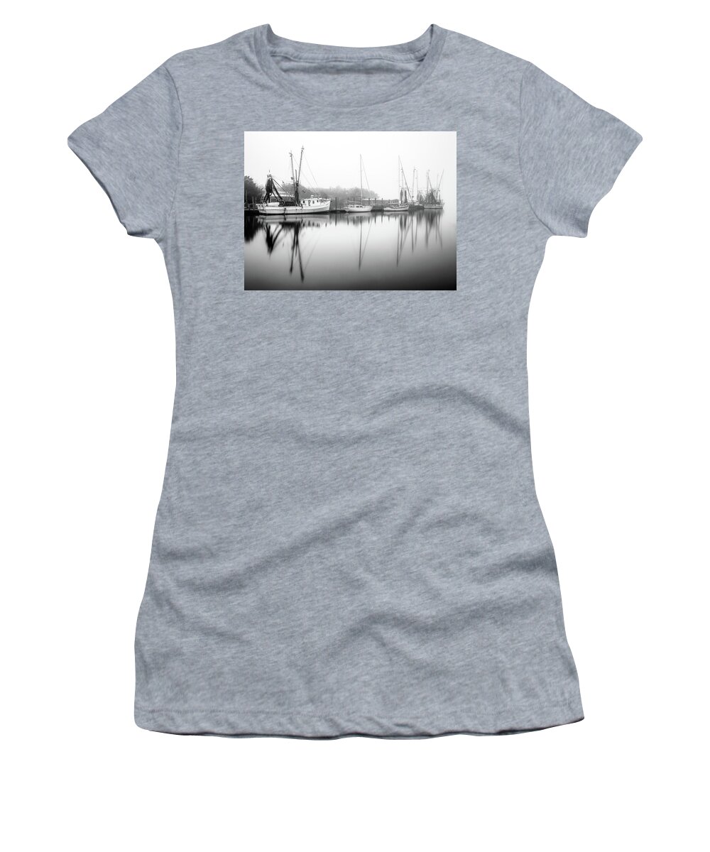 Shem Creek Women's T-Shirt featuring the photograph Shem Creek Mt Pleasant Black and White by Donnie Whitaker