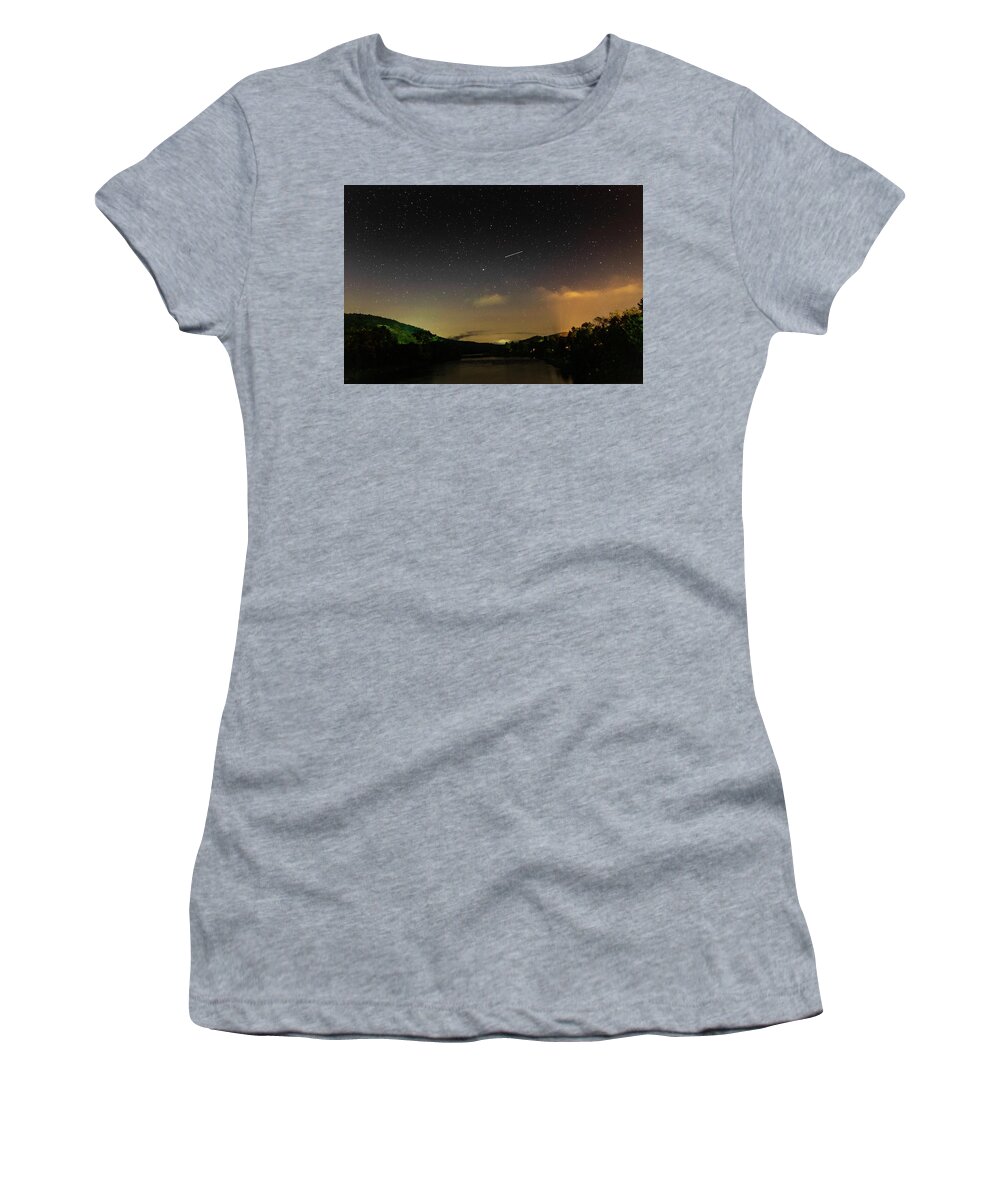 Night Women's T-Shirt featuring the photograph Shooting Star Over The Upper Delaware River - Barryville NY Shohola PA Bridge by Amelia Pearn