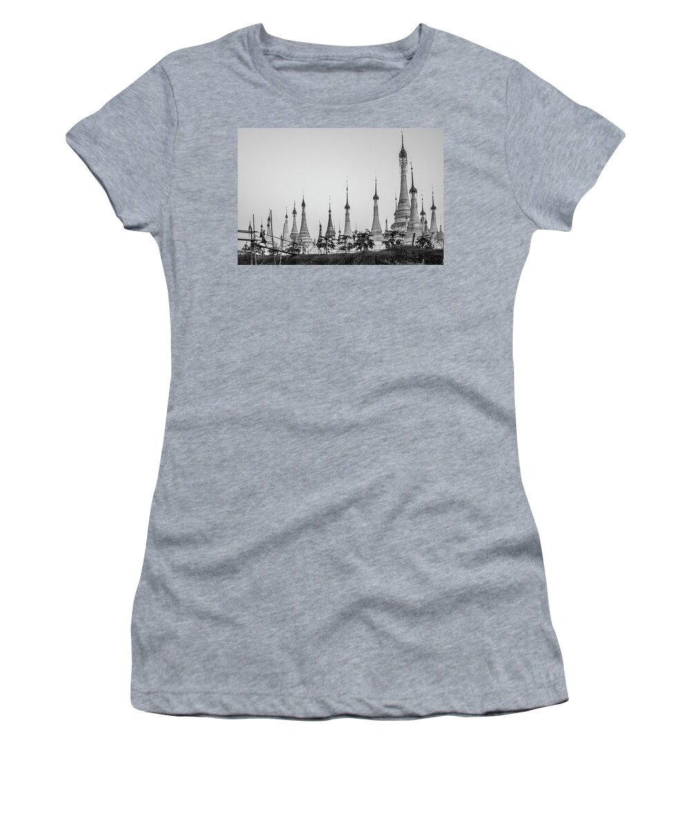 Shwe Indein Women's T-Shirt featuring the photograph Shwe Indein Pagoda by Arj Munoz