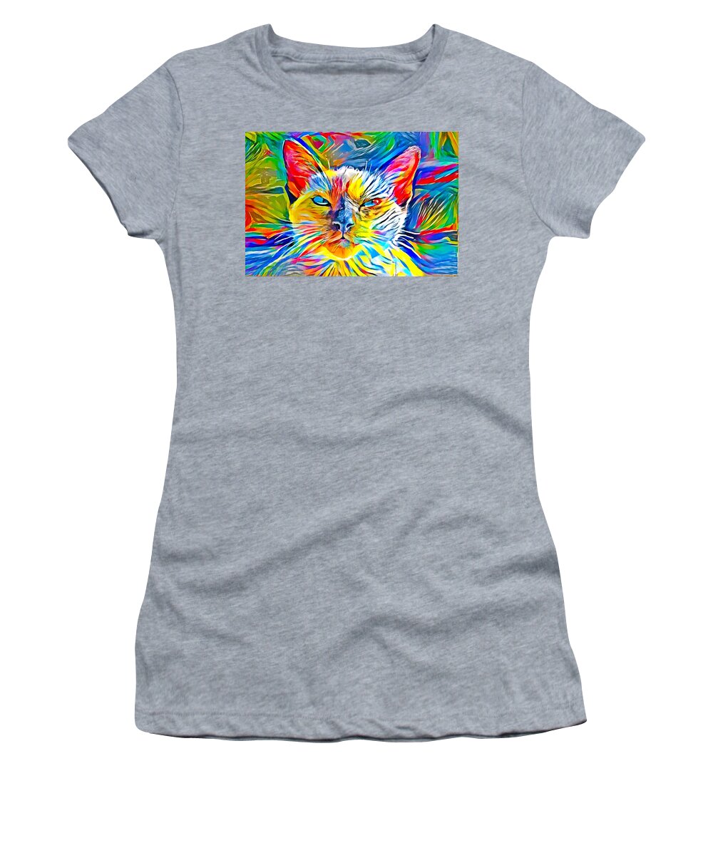 Siamese Cat Women's T-Shirt featuring the digital art Siamese cat face in the sun - colorful zebra pattern painting by Nicko Prints