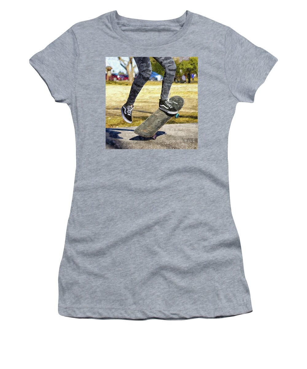 Skateboarding Women's T-Shirt featuring the mixed media Skateboard Ollie by Jennifer White