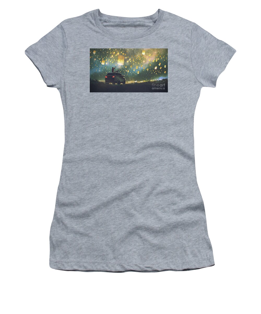 Illustration Women's T-Shirt featuring the painting Sky lanterns in a starry night by Tithi Luadthong