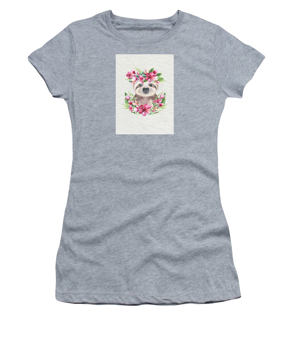 Sloth With Flowers Women's T-Shirt featuring the painting Sloth With Flowers by Nursery Art