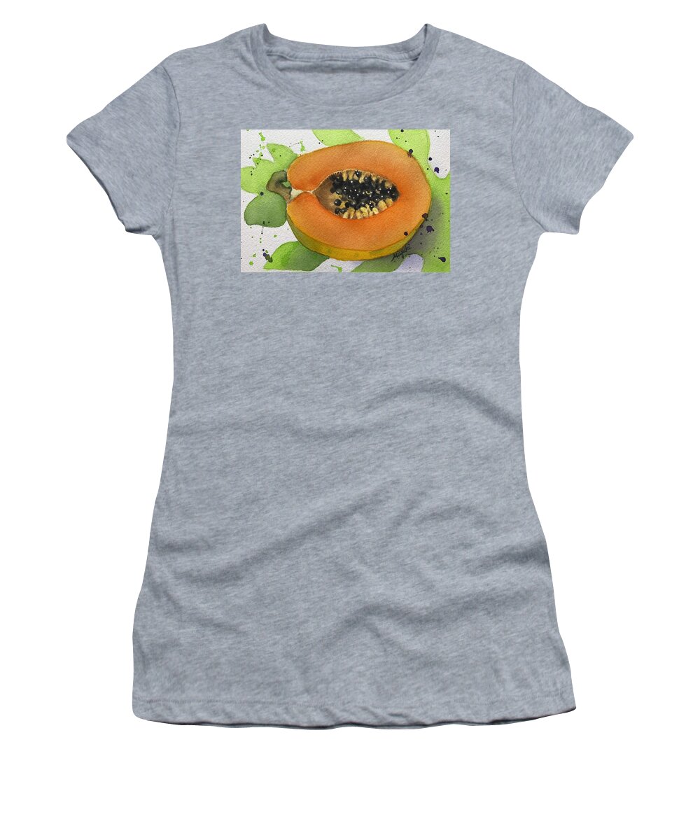 Papaya Women's T-Shirt featuring the painting Smiling Papaya by Kelly Miyuki Kimura