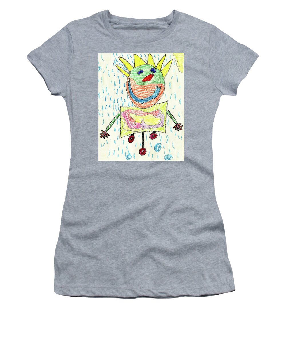Smiling Robot Art By Kids Sun And Rain Yellow Green Orang Blue Child Women's T-Shirt featuring the painting Smiling Robot by Nick Abrams Age 7