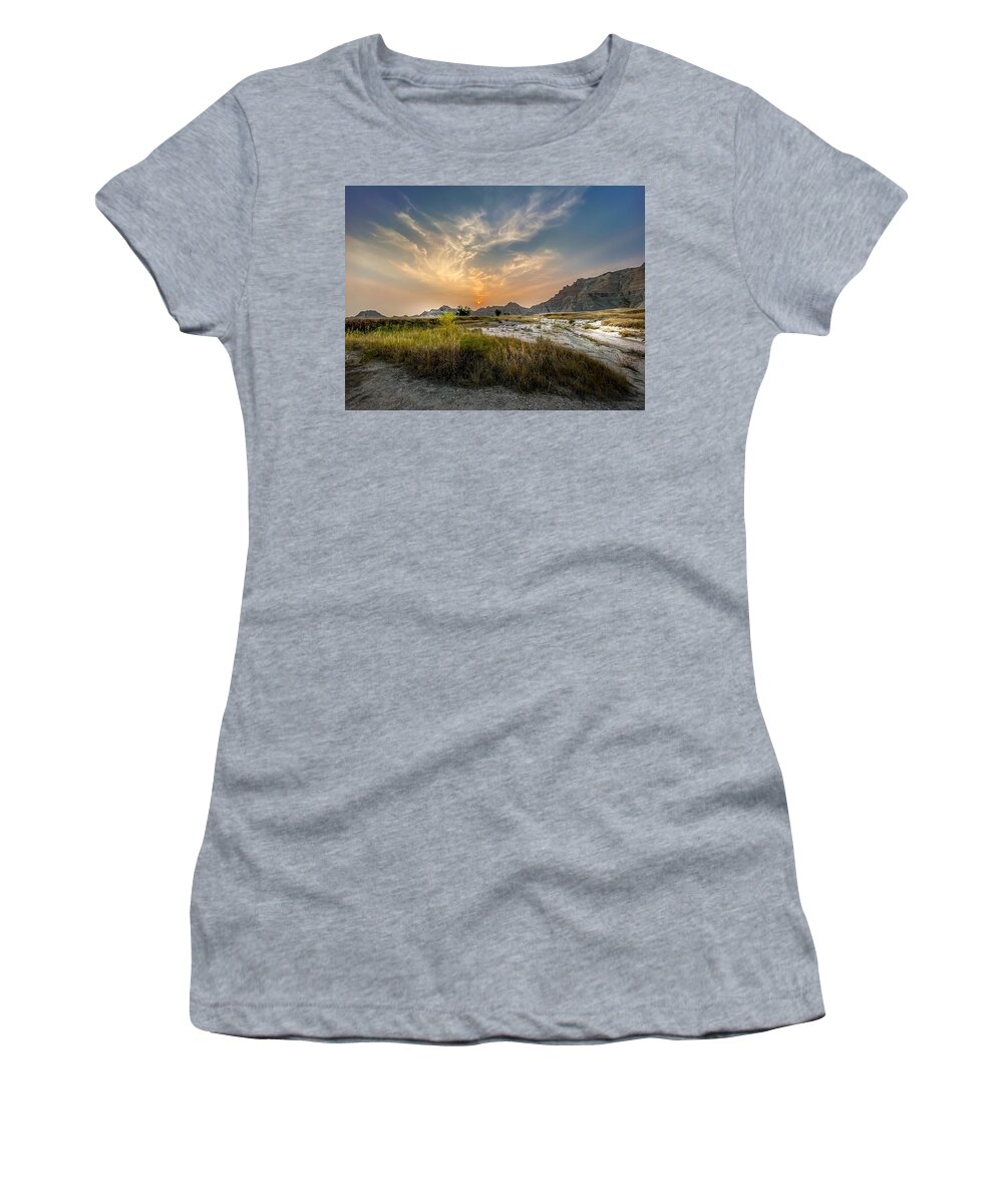 National Park Women's T-Shirt featuring the photograph Smoky Sunset at Badlands by Susan Rydberg