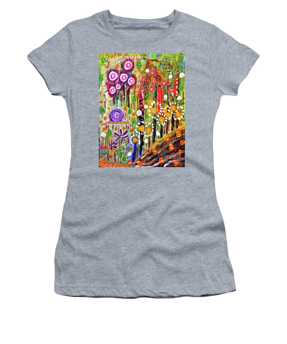 Naive Art Women's T-Shirt featuring the mixed media Snail in the Grass by Mimulux Patricia No