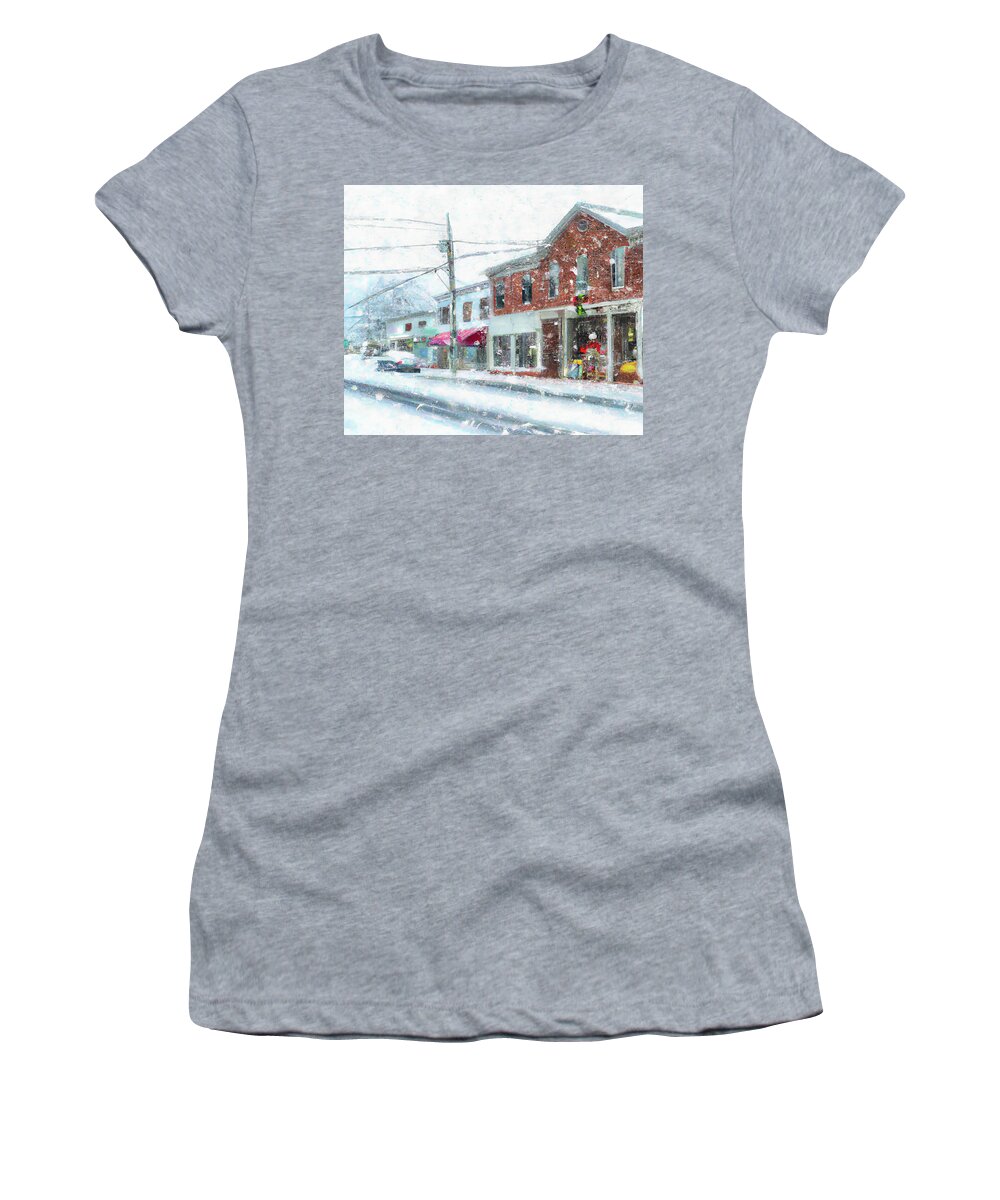 Snow Women's T-Shirt featuring the digital art Snow on Main Street by Alison Frank