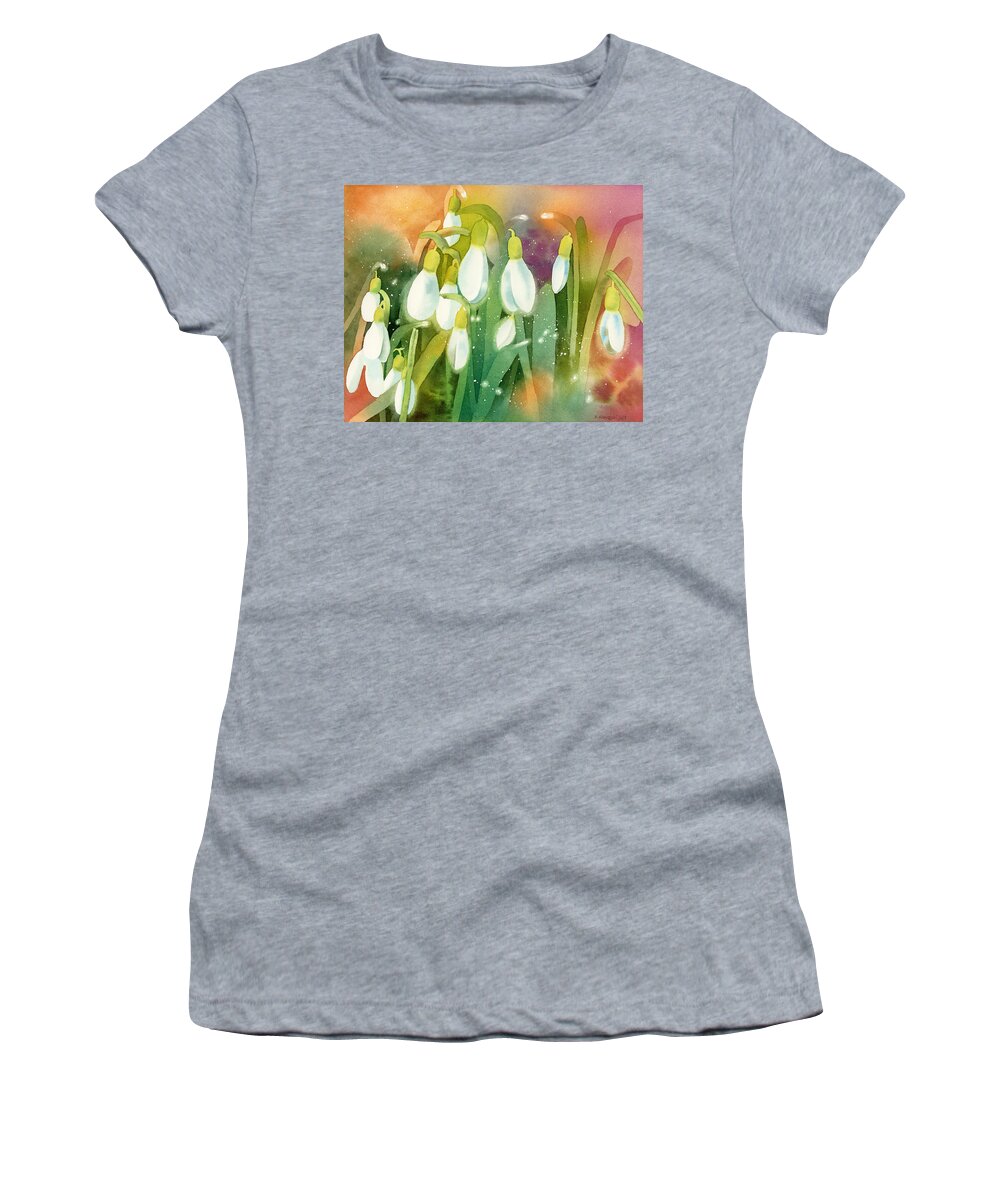 Snowdrops Women's T-Shirt featuring the painting Snowdrops - Magical Lanterns by Espero Art