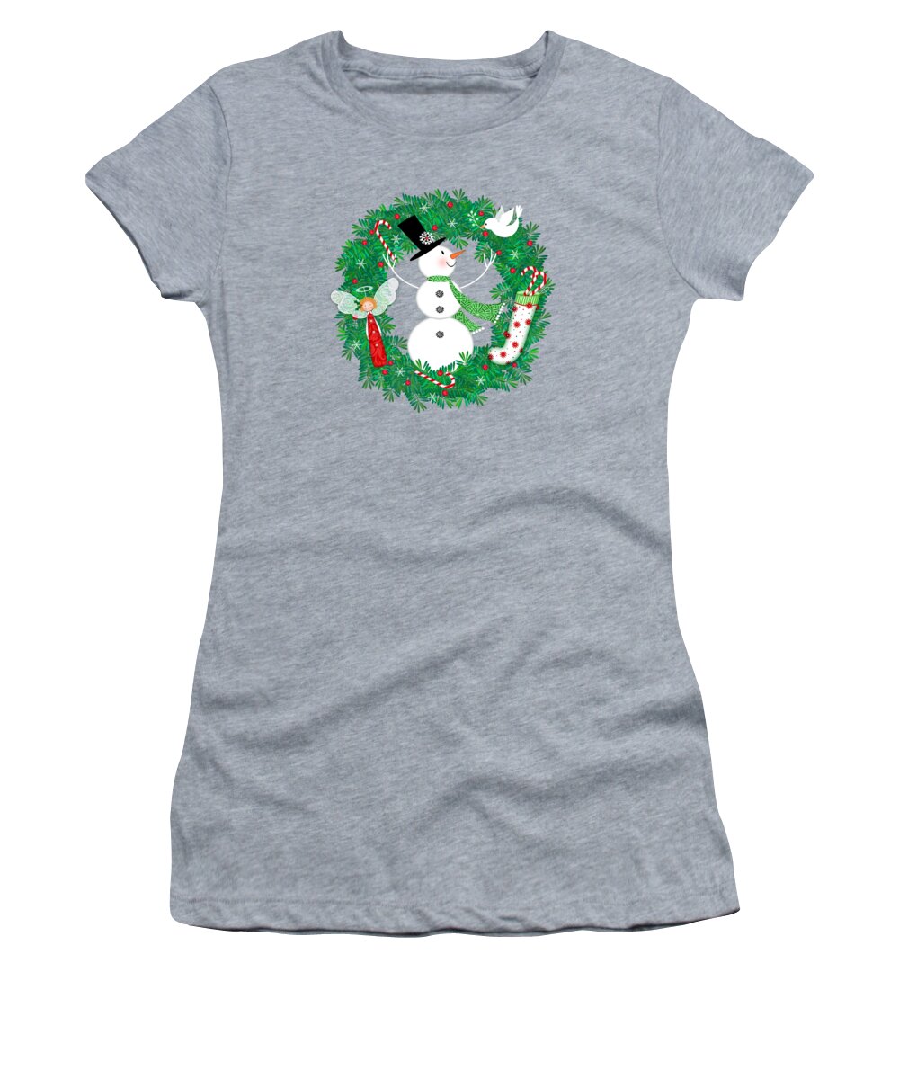 Christmas Women's T-Shirt featuring the digital art Snowman Christmas Wreath by Valerie Drake Lesiak