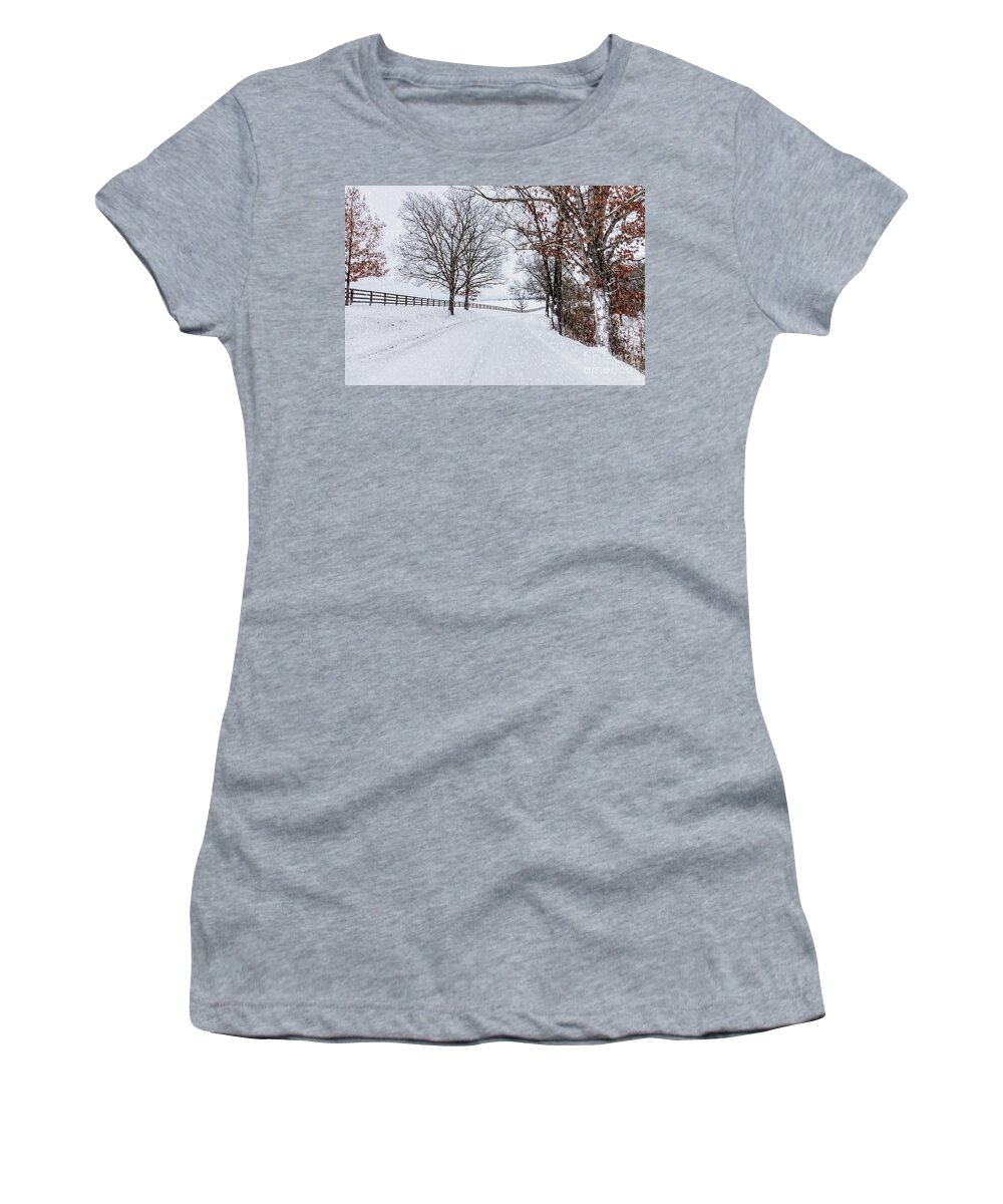 Winter Women's T-Shirt featuring the photograph Snowy Country Drive by Jennifer White
