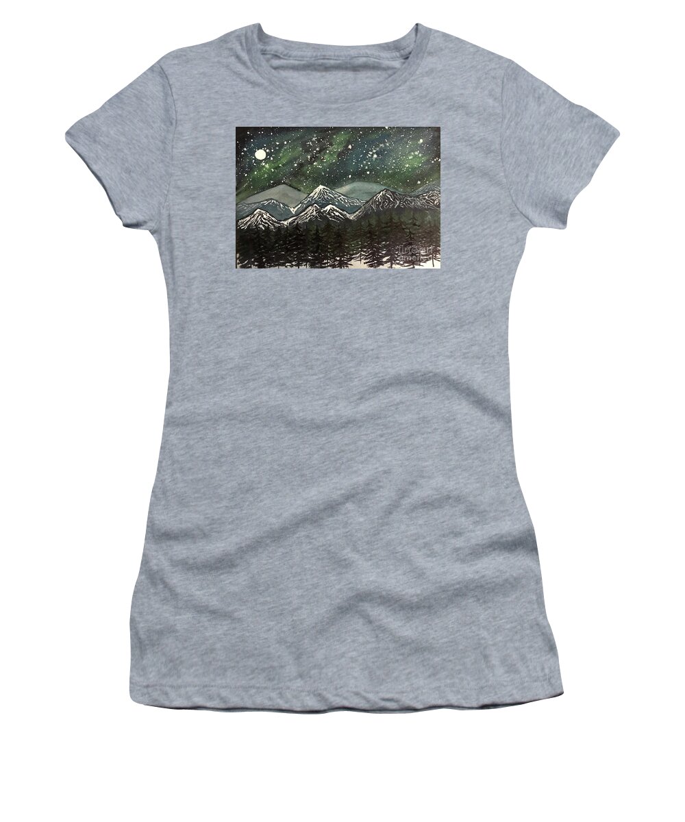 Snowy Mountains Women's T-Shirt featuring the painting Snowy Mountains with Aurora by Lisa Neuman