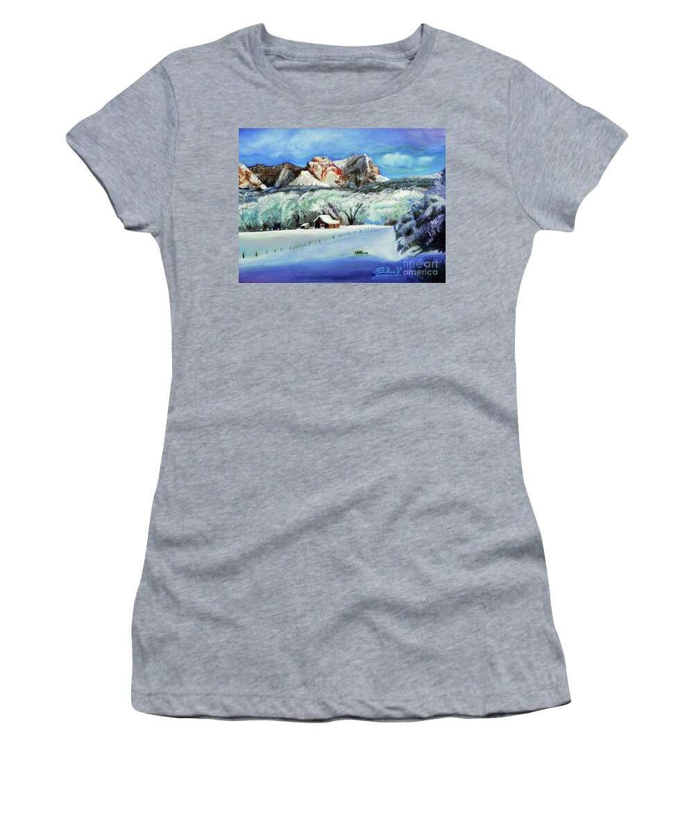 Sherril Porter Women's T-Shirt featuring the painting Snowy Sugar Knoll by Sherril Porter
