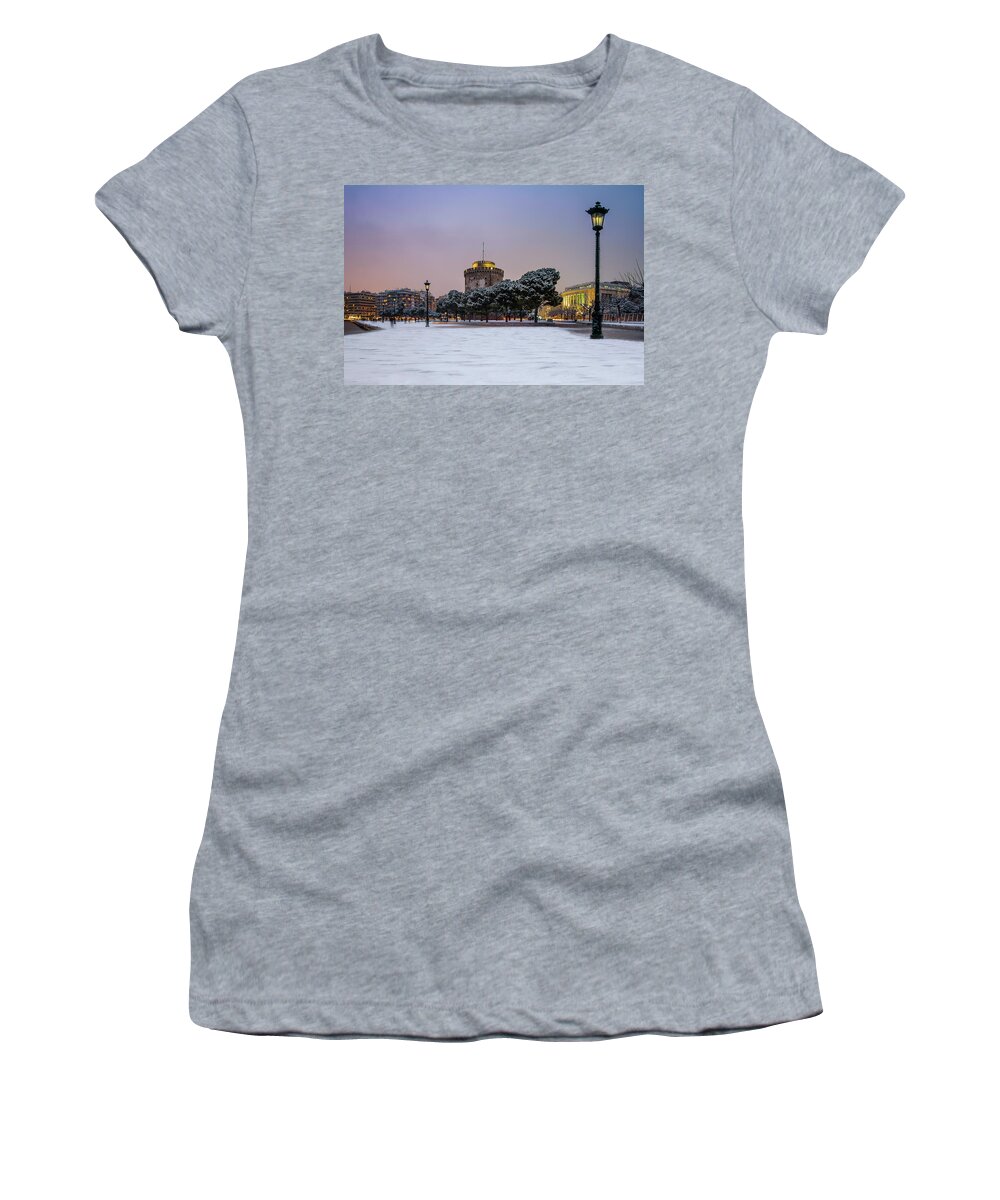 White Tower Women's T-Shirt featuring the photograph Snowy White Tower of Thessaloniki at Dusk in Greece by Alexios Ntounas