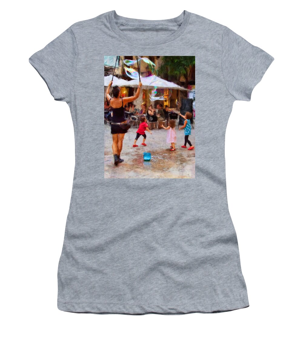 Soap Balloons Women's T-Shirt featuring the mixed media Soap balloons play Barcelona by Tatiana Travelways