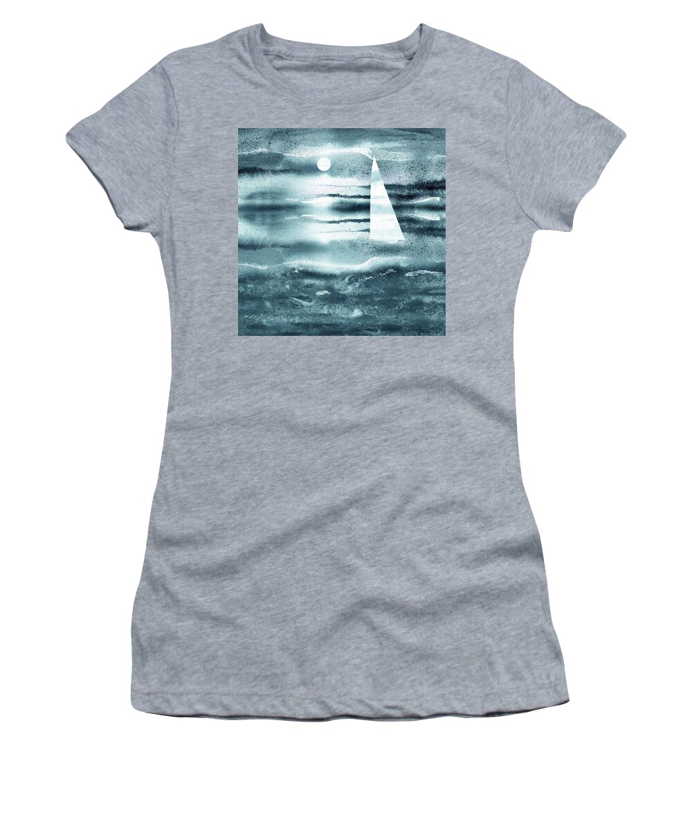 Beach Art Women's T-Shirt featuring the painting Soft Blue Sunset Sailboat At The Ocean Shore Seascape Painting Beach House Watercolor I by Irina Sztukowski