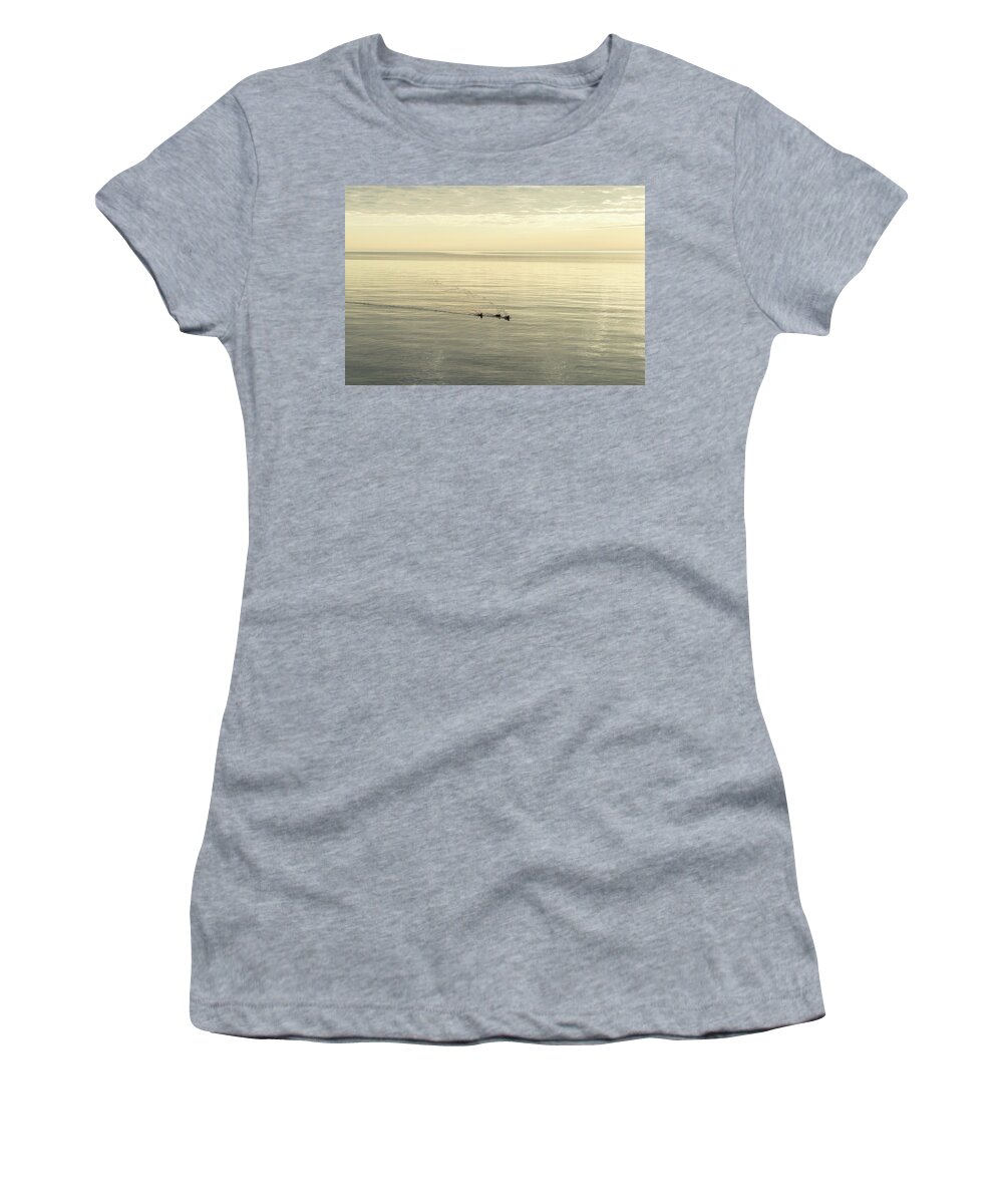 Soft Breeze Women's T-Shirt featuring the photograph Soft Breeze and Pearly Ripples - a Trio of Ducks on a Lake by Georgia Mizuleva