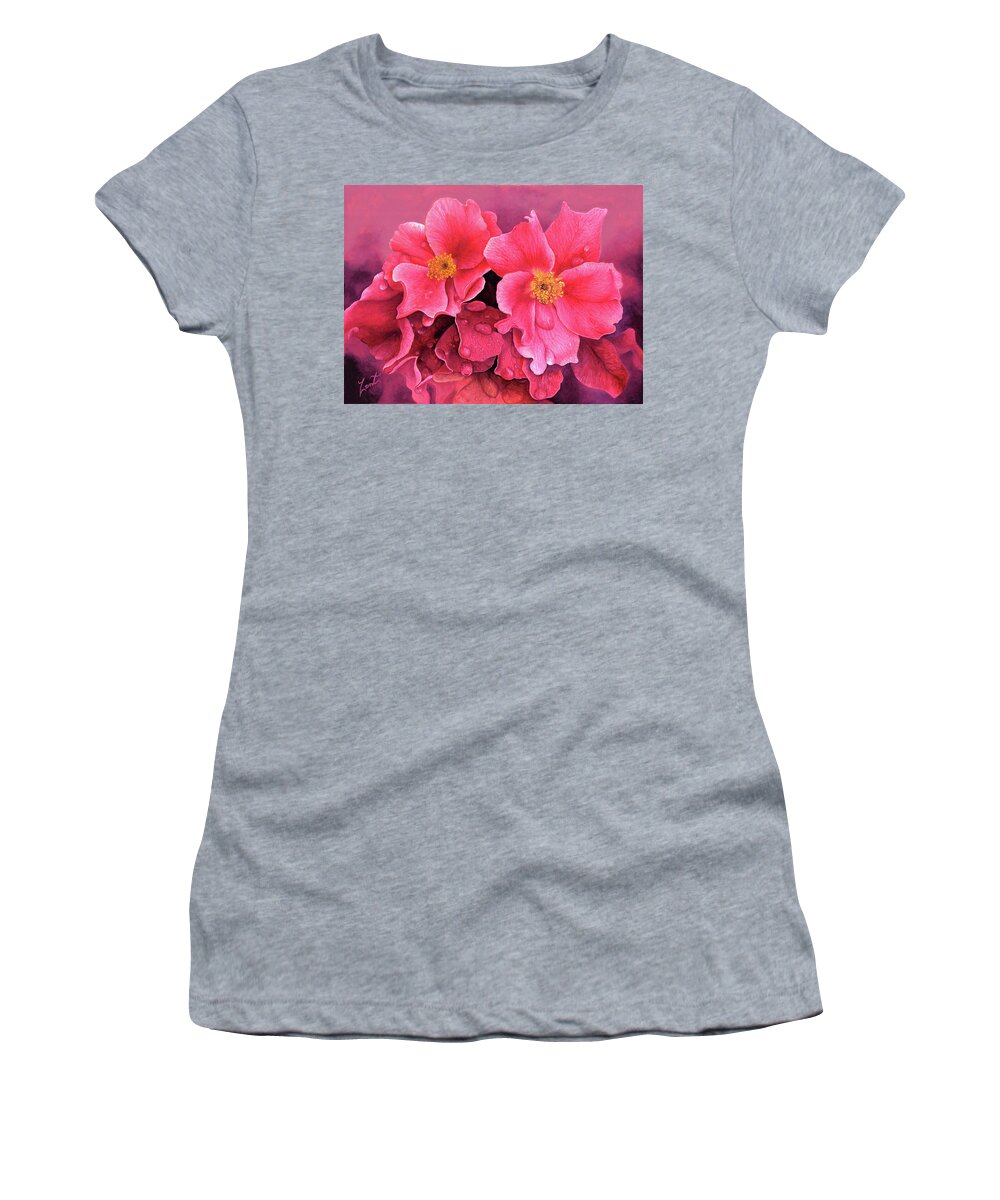 #songsof #roses #sister #named #water #droplets #red #garden #roses Women's T-Shirt featuring the painting Songs Of Wild Roses by June Pauline Zent