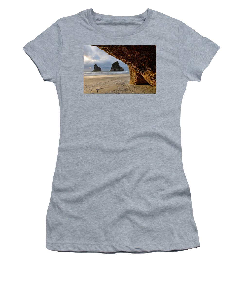 Wharariki Beach Women's T-Shirt featuring the photograph Castles Of Sand - Farewell Spit, South Island. New Zealand by Earth And Spirit