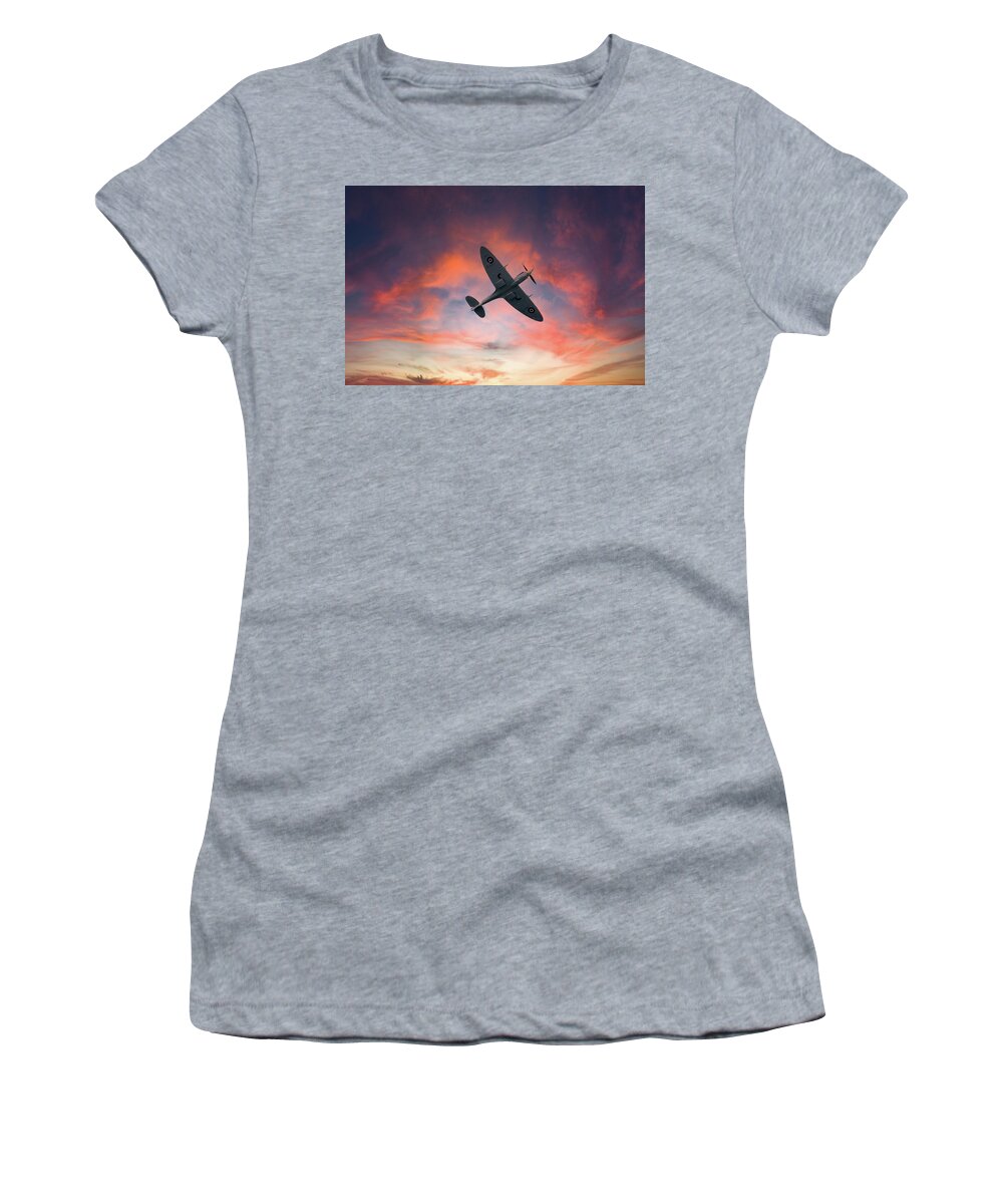 Eastbourne International Airshow Women's T-Shirt featuring the photograph Spitfire flying at sunset by Andrew Lalchan